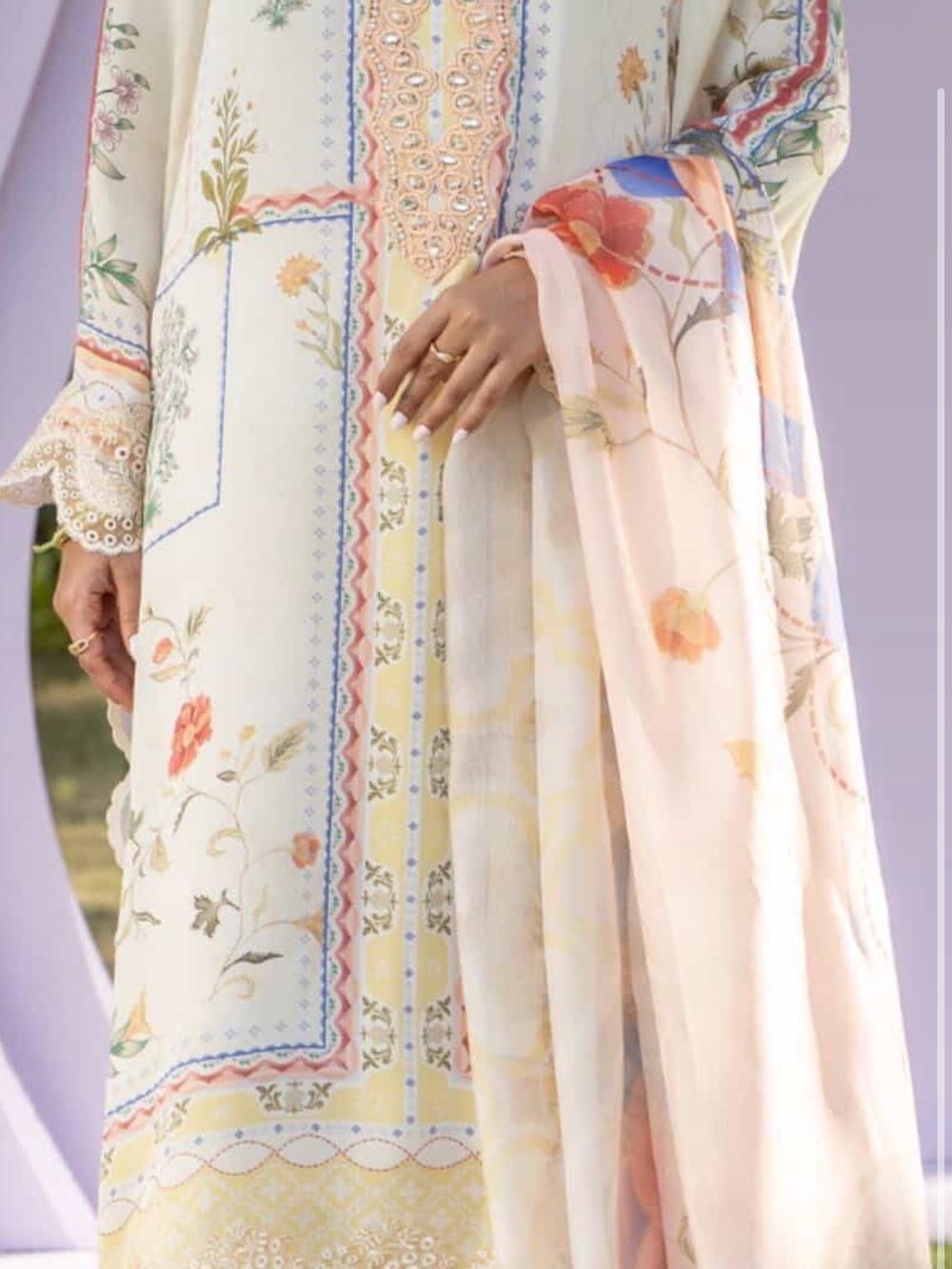 Ivory Floral Printed Long Kurta with Sheer Dupatta